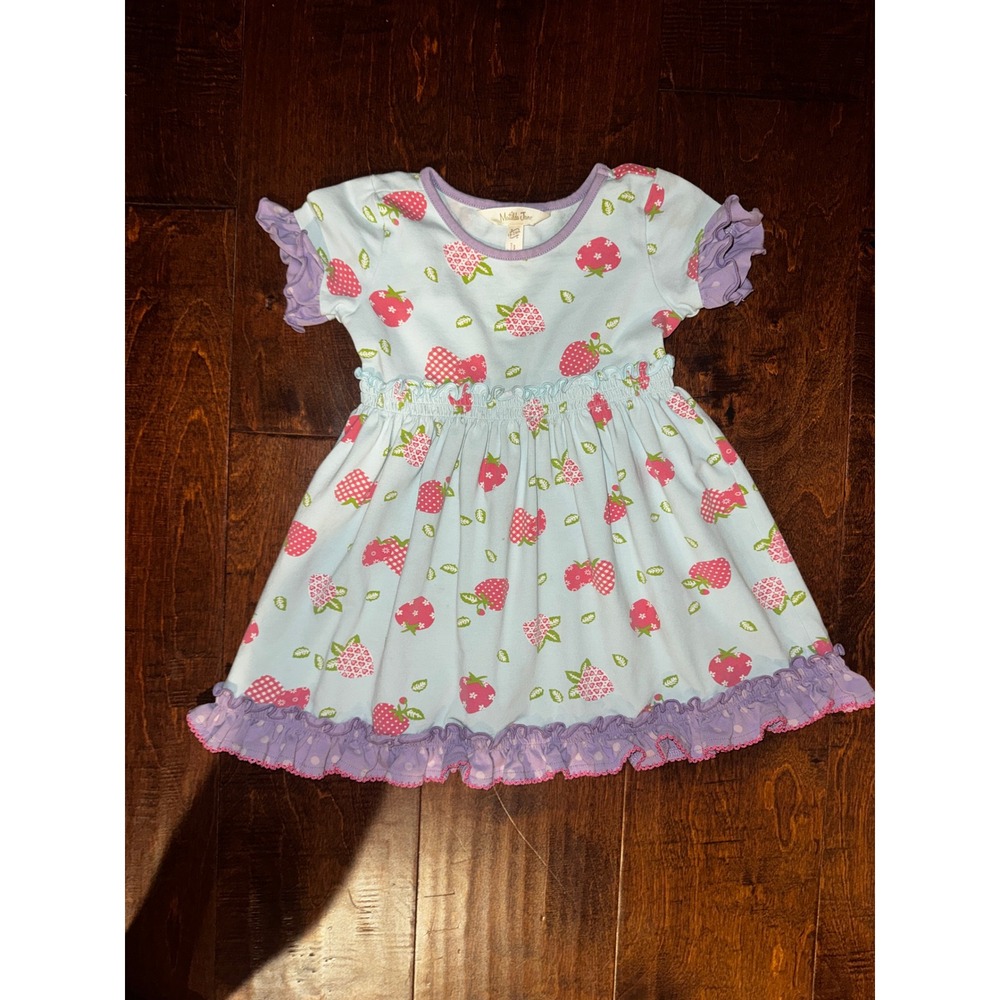 Matilda Jane Girls Blue Strawberry Print Ruffle Dress 18-24M Short Sleeve